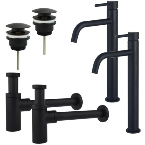 FugaFlow Eccelente Sobrado Slim Kit robinet lavabo - pour double vasque - robinet rehaussé - bonde clic clac - siphon design - Noir mat