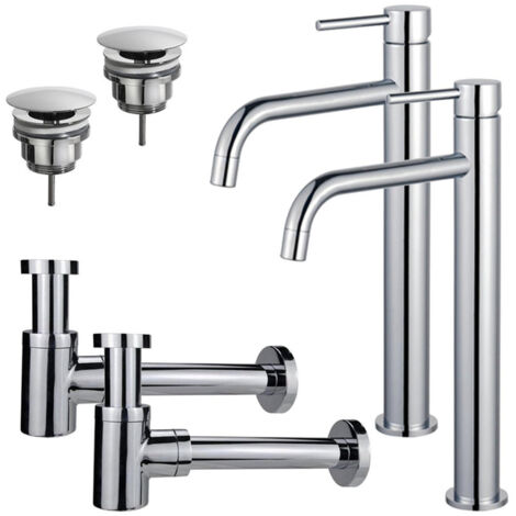 FugaFlow Eccelente Sobrado Slim Kit robinet lavabo - pour double vasque - robinet rehaussé - bonde non-obturable - siphon design bas - Chrome brillant