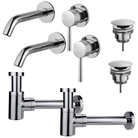 FugaFlow Eccelente Sobrado Slim Kit robinet lavabo - pour double vasque - robinet rehaussé - bonde non-obturable - siphon design bas - Chrome brillant
