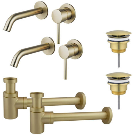 FugaFlow Eccelente Sobrado Slim Kit robinet lavabo - pour double vasque - robinet rehaussé - bonde non-obturable - siphon design bas - Laiton brossé