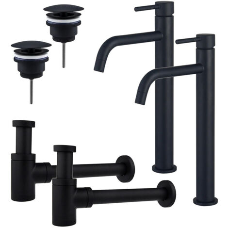 FugaFlow Eccelente Sobrado Slim Kit robinet lavabo - pour double vasque - robinet rehaussé - bonde non-obturable - siphon design bas - Noir mat