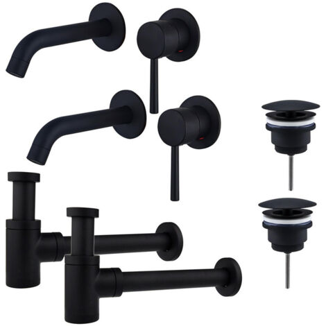FugaFlow Eccelente Sobrado Slim Kit robinet lavabo - pour double vasque - robinet rehaussé - bonde non-obturable - siphon design bas - Noir mat