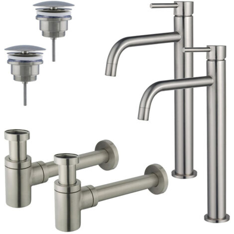 FugaFlow Eccelente Sobrado Slim Kit robinet lavabo - pour double vasque - robinet rehaussé - bonde non-obturable - siphon design bas - PVD