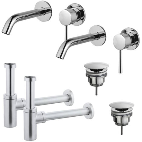 FugaFlow Eccelente Sobrado Slim Kit robinet lavabo - pour double vasque - robinet rehaussé - bonde non-obturable - siphon design - Chrome brillant
