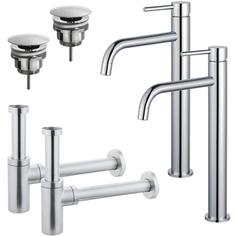 FugaFlow Eccelente Sobrado Slim Kit robinet lavabo - pour double vasque - robinet rehaussé - bonde non-obturable - siphon design - Chrome brillant