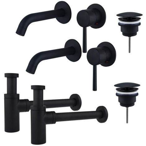 FugaFlow Eccelente Sobrado Slim Kit robinet lavabo - pour double vasque - robinet rehaussé - bonde non-obturable - siphon design - Noir mat
