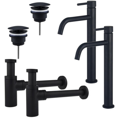 FugaFlow Eccelente Sobrado Slim Kit robinet lavabo - pour double vasque - robinet rehaussé - bonde non-obturable - siphon design - Noir mat