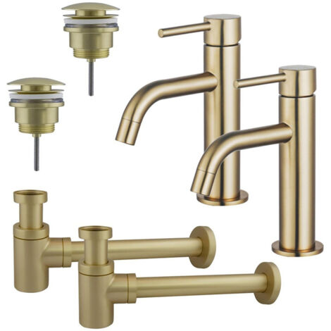 FugaFlow Eccelente Sobrado Slim Kit robinet lavabo - robinet bas - bonde clic clac - siphon design bas - Laiton brossé PVD