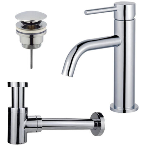 FugaFlow Eccelente Sobrado Slim Slim Kit mitigeur lavabo - robinet bas - bonde clic clac - siphon design bas - Chrome brillant