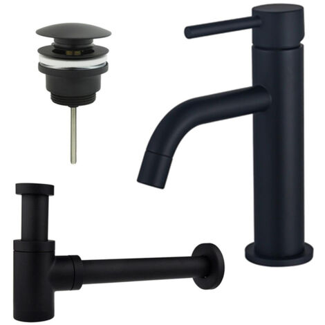 FugaFlow Eccelente Sobrado Slim Slim Kit mitigeur lavabo - robinet bas - bonde clic clac - siphon design bas - Noir mat