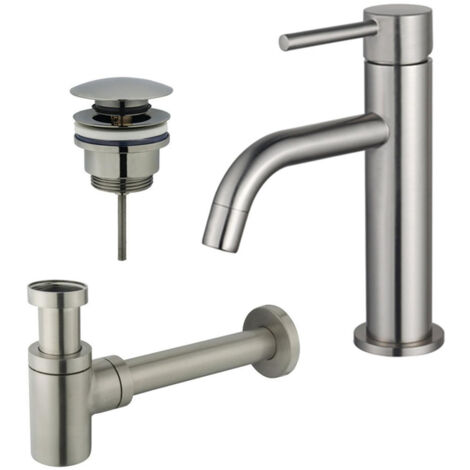 FugaFlow Eccelente Sobrado Slim Slim Kit mitigeur lavabo - robinet bas - bonde clic clac - siphon design bas - PVD Inox brossé