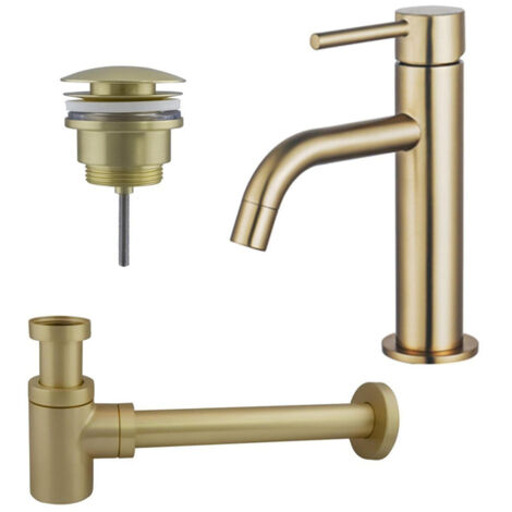 FugaFlow Eccelente Sobrado Slim Slim Kit mitigeur lavabo - robinet bas - bonde clic clac - siphon design bas - PVD Laiton brossé