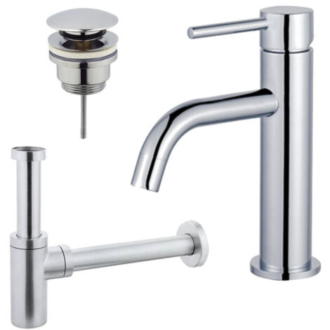 FugaFlow Eccelente Sobrado Slim Slim Kit mitigeur lavabo - robinet bas - bonde clic clac - siphon design - Chrome brillant
