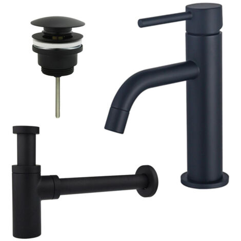 FugaFlow Eccelente Sobrado Slim Slim Kit mitigeur lavabo - robinet bas - bonde clic clac - siphon design - Noir mat