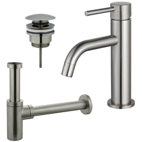 FugaFlow Eccelente Sobrado Slim Slim Kit mitigeur lavabo - robinet bas - bonde clic clac - siphon design - PVD Inox brossé