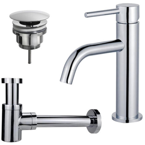 FugaFlow Eccelente Sobrado Slim Slim Kit mitigeur lavabo - robinet bas - bonde non-obturable - siphon design bas - Chrome brillant