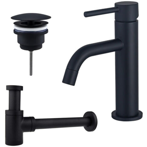 FugaFlow Eccelente Sobrado Slim Slim Kit mitigeur lavabo - robinet bas - bonde non-obturable - siphon design bas - Noir mat