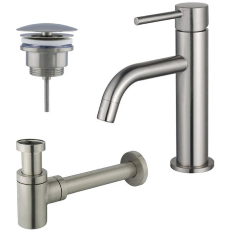 FugaFlow Eccelente Sobrado Slim Slim Kit mitigeur lavabo - robinet bas - bonde non-obturable - siphon design bas - PVD Inox brossé
