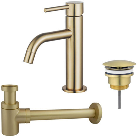 FugaFlow Eccelente Sobrado Slim Slim Kit mitigeur lavabo - robinet bas - bonde non-obturable - siphon design bas - PVD Laiton brossé
