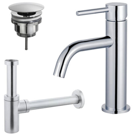 FugaFlow Eccelente Sobrado Slim Slim Kit mitigeur lavabo - robinet bas - bonde nonobturable - siphon design - Chrome brillant