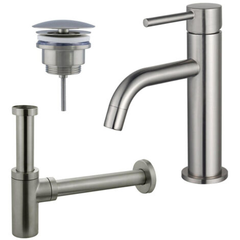FugaFlow Eccelente Sobrado Slim Slim Kit mitigeur lavabo - robinet bas - bonde nonobturable - siphon design - PVD Inox brossé