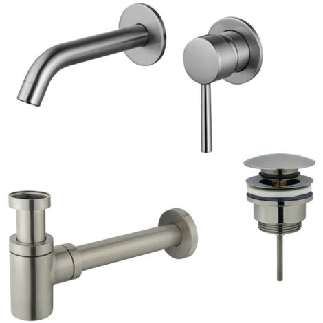 FugaFlow Eccelente Sobrado Slim Slim Kit mitigeur lavabo - robinet encastrable - bonde clic clac - siphon design bas - PVD Inox brossé
