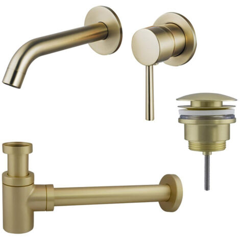 FugaFlow Eccelente Sobrado Slim Slim Kit mitigeur lavabo - robinet encastrable - bonde clic clac - siphon design bas - PVD Laiton brossé