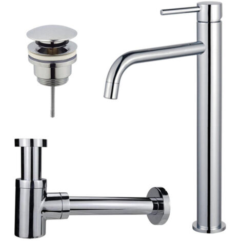 FugaFlow Eccelente Sobrado Slim Slim Kit mitigeur lavabo - robinet rehaussé - bonde clic clac - siphon design bas - Chrome brillant