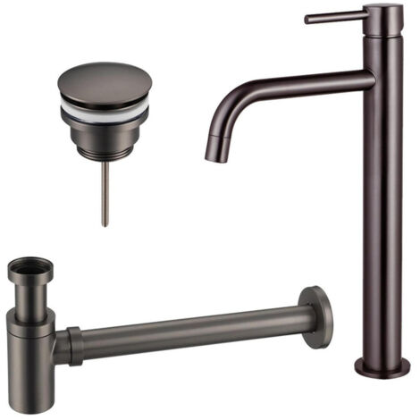 FugaFlow Eccelente Sobrado Slim Slim Kit mitigeur lavabo - robinet rehaussé - bonde clic clac - siphon design bas - PVD Gunmetal
