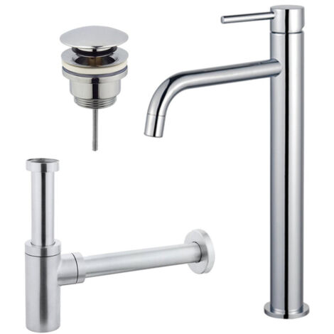 FugaFlow Eccelente Sobrado Slim Slim Kit mitigeur lavabo - robinet rehaussé - bonde clic clac - siphon design - Chrome brillant
