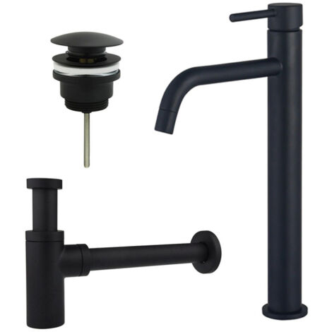 FugaFlow Eccelente Sobrado Slim Slim Kit mitigeur lavabo - robinet rehaussé - bonde clic clac - siphon design - Noir mat