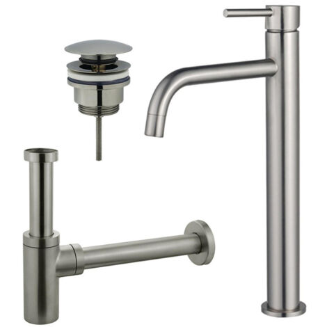 FugaFlow Eccelente Sobrado Slim Slim Kit mitigeur lavabo - robinet rehaussé - bonde clic clac - siphon design - PVD Inox brossé