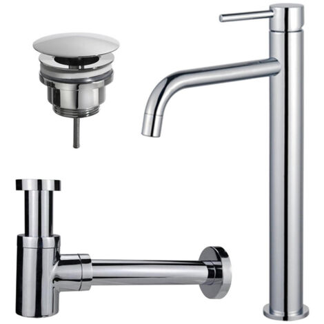 FugaFlow Eccelente Sobrado Slim Slim Kit mitigeur lavabo - robinet rehaussé - bonde non-obturable - siphon design bas - Chrome brillant