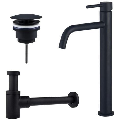 FugaFlow Eccelente Sobrado Slim Slim Kit mitigeur lavabo - robinet rehaussé - bonde non-obturable - siphon design bas - Noir mat