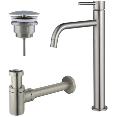 FugaFlow Eccelente Sobrado Slim Slim Kit mitigeur lavabo - robinet rehaussé - bonde non-obturable - siphon design bas - PVD Inox brossé