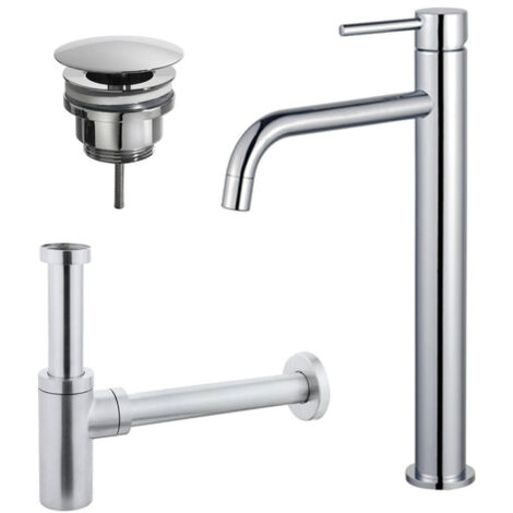 FugaFlow Eccelente Sobrado Slim Slim Kit mitigeur lavabo - robinet rehaussé - bonde nonobturable - siphon design - Chrome brillant