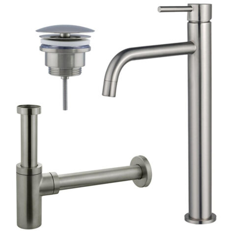 FugaFlow Eccelente Sobrado Slim Slim Kit mitigeur lavabo - robinet rehaussé - bonde nonobturable - siphon design - PVD Inox brossé