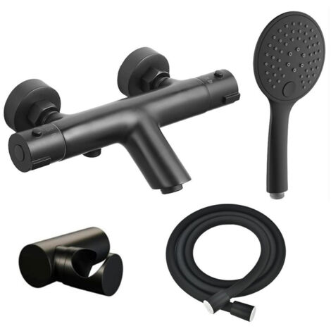 FugaFlow Efficiente Sobrado Robinet de douche/bain thermostatique avec douchette 3jets et support avec flexible Noir mat
