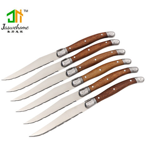 Fuienko ensemble de 6 couteaux à Steak en acier inoxydable, vaisselle de table, couteaux à Steak avec manche en bois massif, ensemble de couteaux à couverts laguna