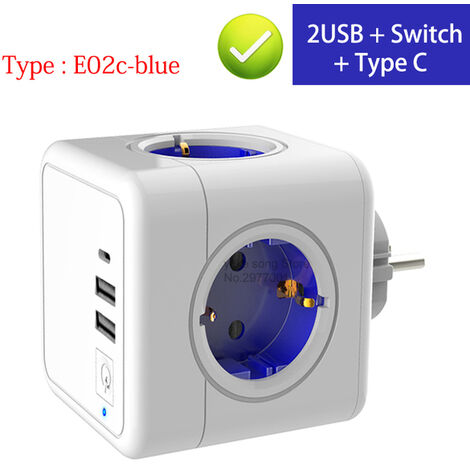 Fuienko – Multiprise électrique pour maison connectée, 4 sorties ue, Type C, Port USB, pour chargeur de téléphone, avec interrupteur,CHINA,Ue Plug,E02c-blue-usb-type-C