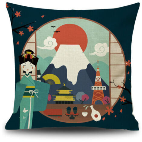 Fuji Ukiyo-e Kissenbezug im japanischen Stil für Sofa, Auto, Zuhause und Bett, 45 x 45 cm, 4er-Set (Japanischer Stil B), Leinenkissenbezug im japanischen Ukiyo-e-Stil