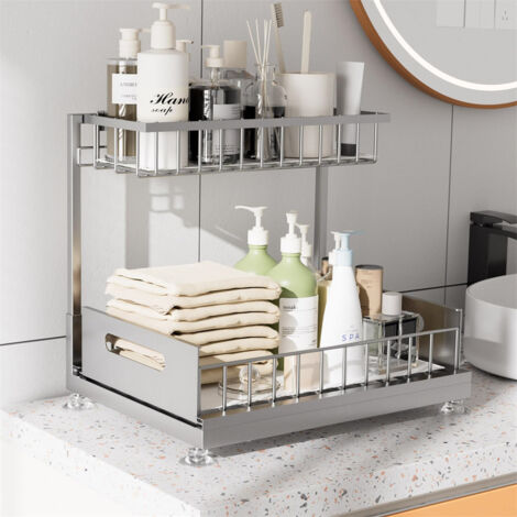 Fuleadture Organisateur sous évier, rangement coulissant pour placard-Étagère à 2niveaux sur rails pour meuble sous évier-Rangement pour cuisine，girs