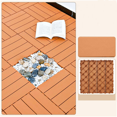 Fuleadture Set of 11 sturdy outdoor plastic floor tiles, orange wood grain, 30 x 30 cm, mule bone pattern, for patio, garden, and balcony