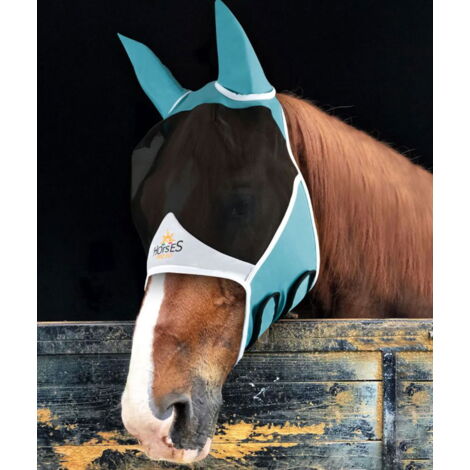 Full, Azzurro e Bianco: Maschera antimosche in tessuto elasticizzato e rete sottile Horses Pro Fly per cavalli