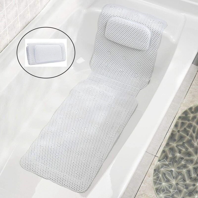 Full Body Support Bath Mat with Bath Pillow, 3D Air Mesh Spa Tub Cushion, with Non-Slip Suction Cups (125 * 36CM)
