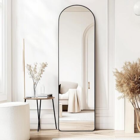Full Length Mirrors 160x50cm Free Standing Arched Aluminium Alloy Tempered Glass Floor Mirror Wall Full Body Large Hanging Mirror For Hallway, Living Room, Bedroom (160x50cm-Black)