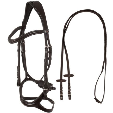 full, Marrone: Briglia inglese per cavalli anatomica con nasalina curva e fibbie inox