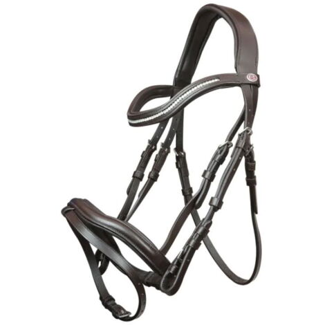 Full, Marrone: Briglia inglese per cavalli modello Shaped Yo con frontalino bombato e brillantini
