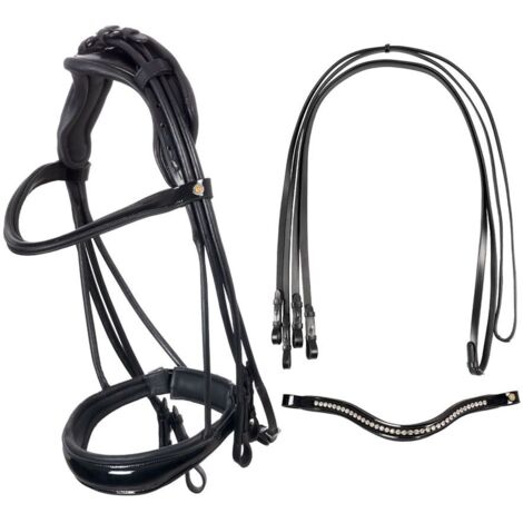 Full, nero: Briglia da dressage anatomica con capezzina a chiusura Pull-back e frontalino ricambio con strass