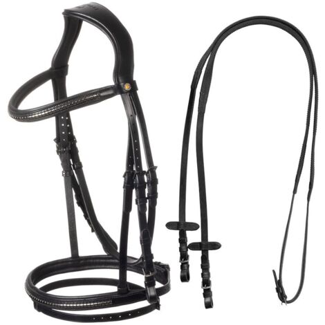 Full, nero: Briglia inglese in pelle con clincher nero sulla capezzina e sul frontalino